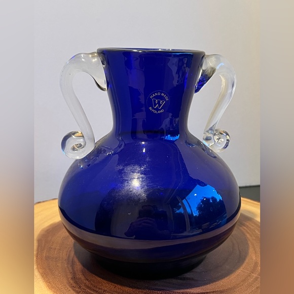 Vintage Handmade in Poland Vase by Wanda Imported. Covalt Blue, Clear Handles - Picture 2 of 8